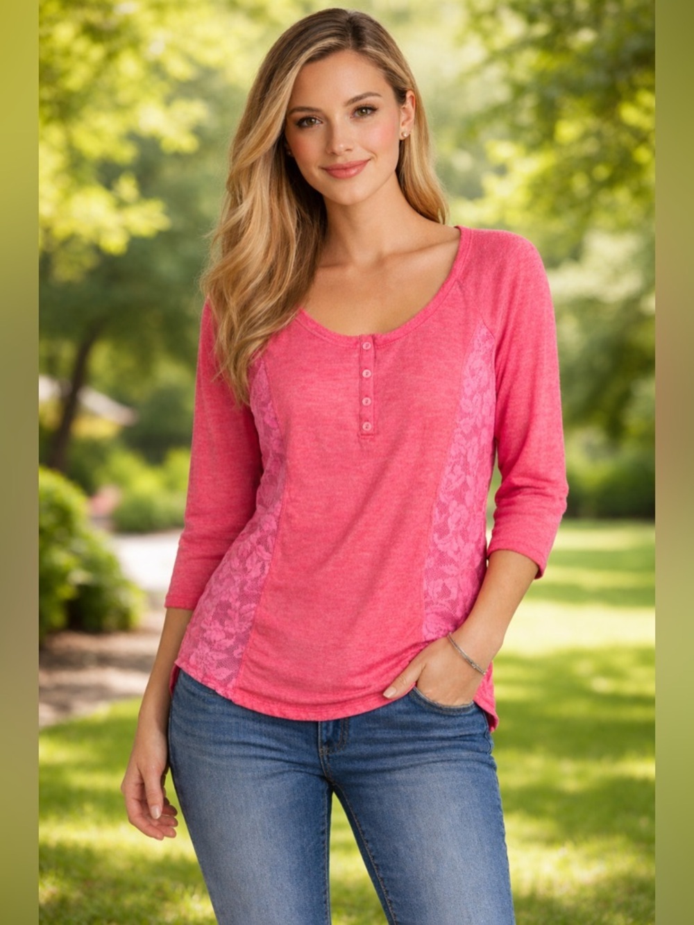 No Boundaries Neon Pink Lace Panel Henley Top Size Large 3/4 Sleeve